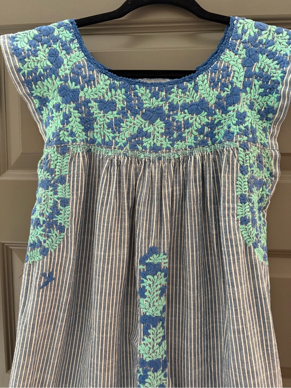 Mi Golondrina Blue and White Chambray  Pinstripe Embroidered Striped Dress - Picture 2 of 5